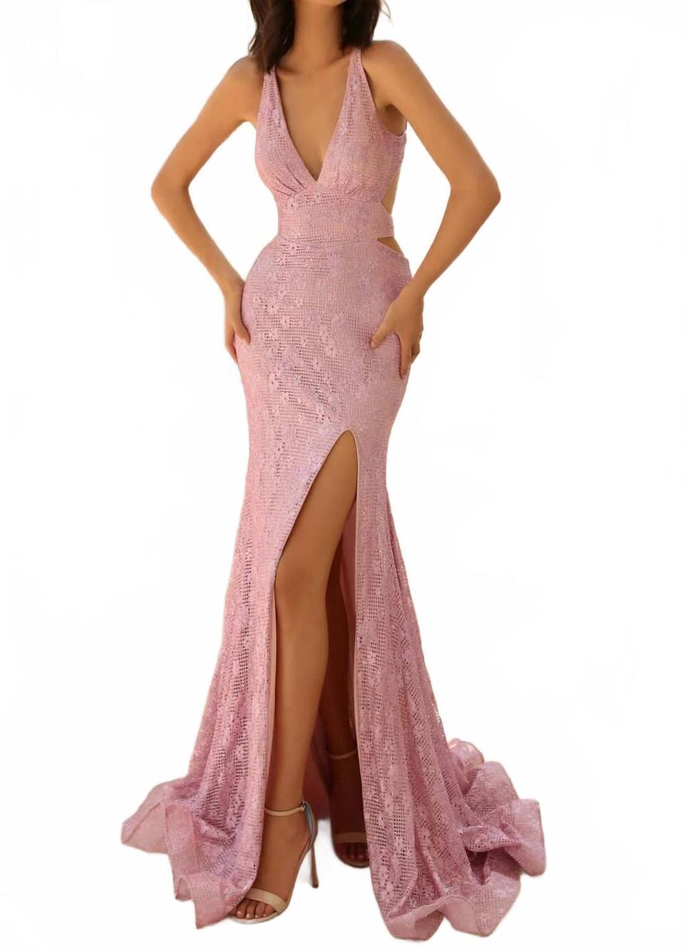NEW CLARISSE plunging v-neck halter dress in sparkle rose